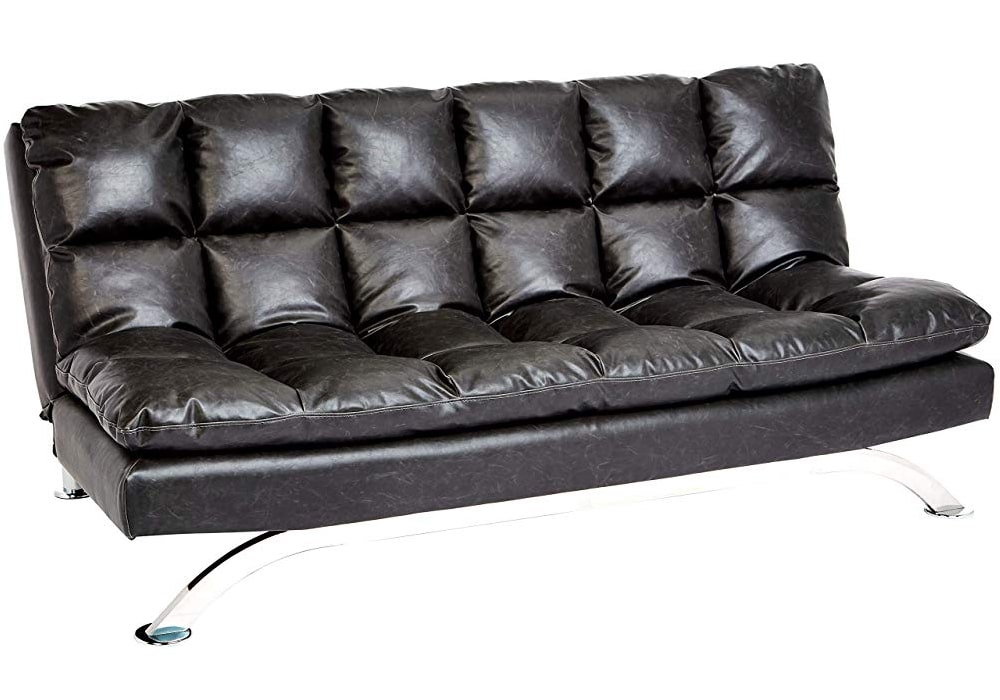 Sunrise Coast Geneva Faux-Leather Futon Couch with Stainless-Steel Legs, Charcoal Black