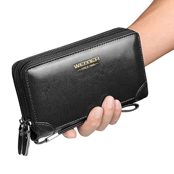 Best for Business: WEIXIER Mens Clutch Bag Handbag Leather Zipper Long Wallet Business Hand Clutch Phone Holder
