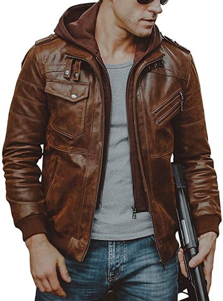 Best for Motorcycle: FLAVOR Men Brown Leather Jacket with Removable Hood
