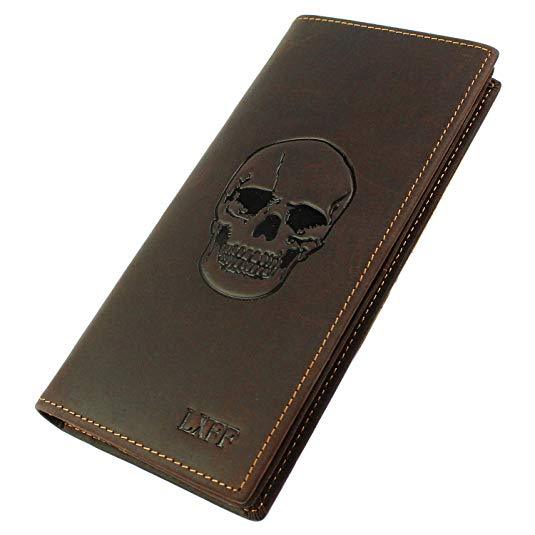 LXFF Men's Genuine Leather Long Bifold Wallet With ID Window Vintage Skull