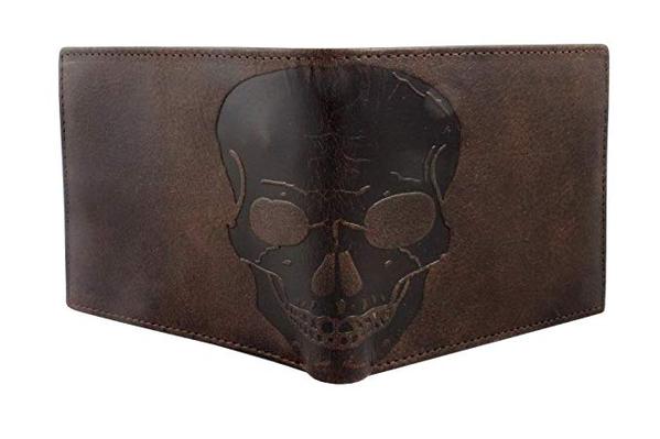 Corder London Unique RFID Blocking Skull Embossed Distressed Leather Bifold Gothic Slim Wallet